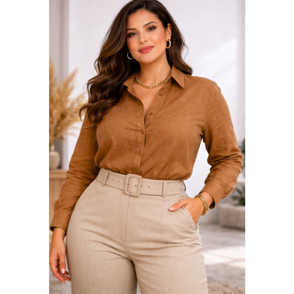 Camisa Linho Lycra Plus Size G1-G3 Feminino Plus Manga Longa Social Elegante