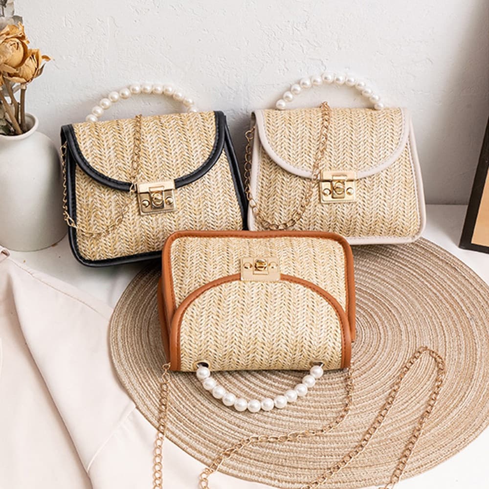 Saco De Palha De Verão Rattan Wicker Pérola Praia