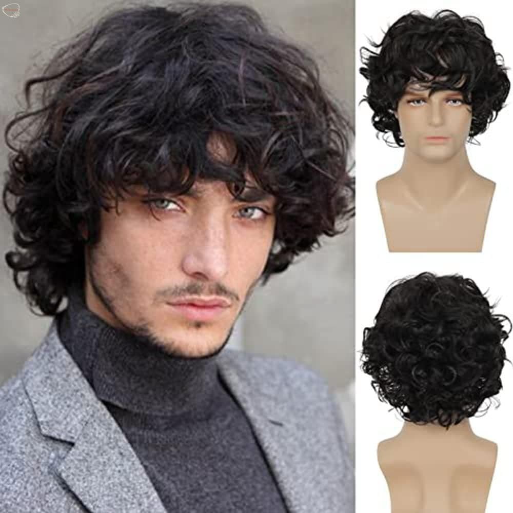 MXBEAUTY Peruca Curta Encaracolada Ondulada , Perucas Sintéticas Naturais De Cabelo Falso , Masculina Fashion Com Franja