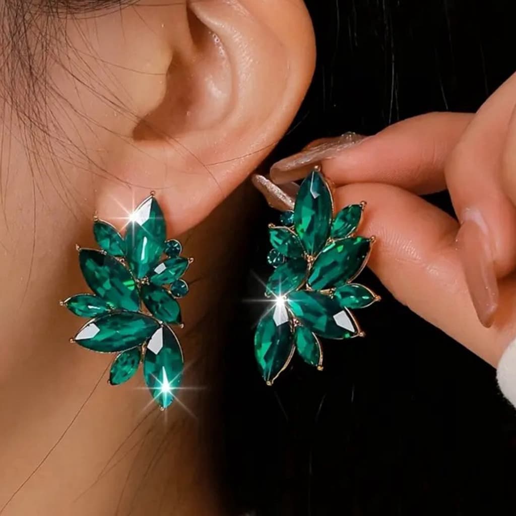 Brincos Elegantes de Gotas de Cristal Verde para Mulheres em Festas Noturnas
