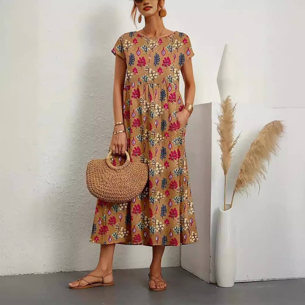 Vestido de Verão Feminino Solto de Algodão e Linho, Sem Mangas, com Decote Redondo e Estampa, Moda 2026