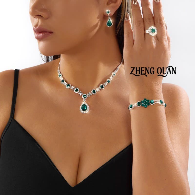 Simples Cheio De Diamante Flor Lágrima Colar Pulseira Anel Brincos Conjunto De Jóias