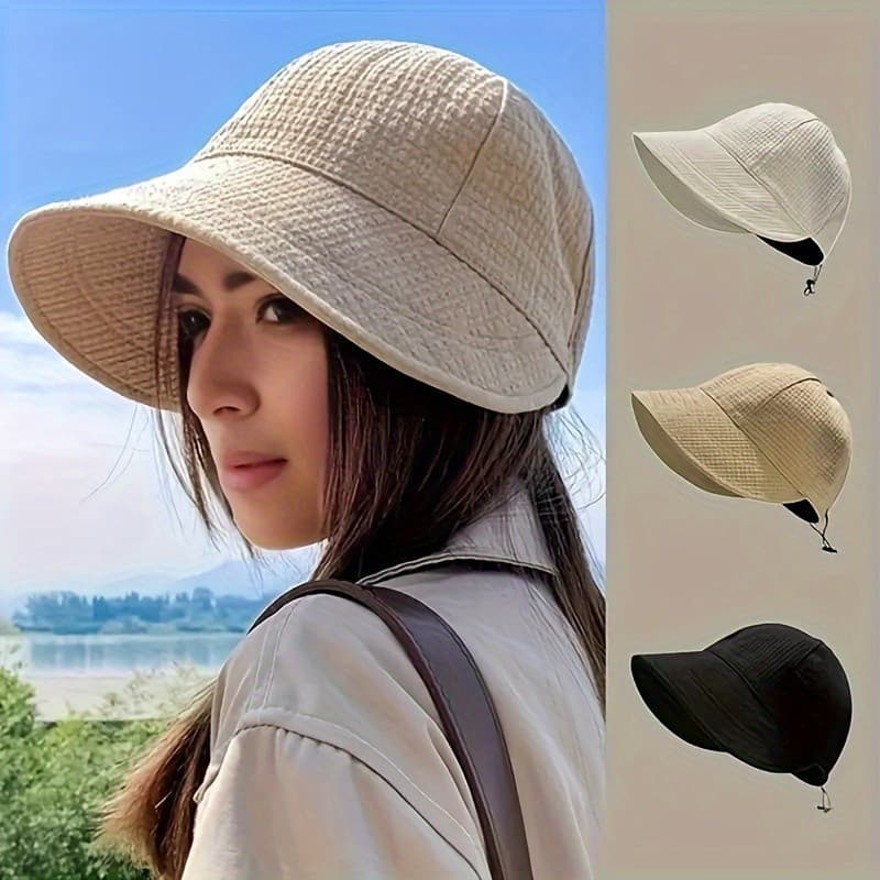 Chapéu de Sol Feminino de Aba Larga, Proteção UV UPF para Caminhadas e Pesca, Chapéu Bucket de Cor Sólida, Chapéu de Pra