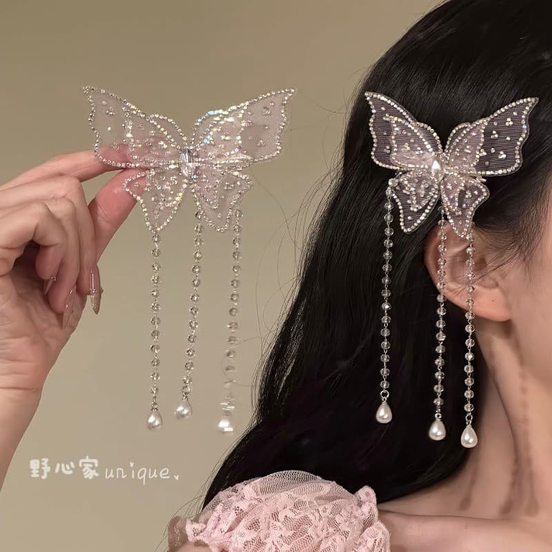 Novo [Sweet Yirou Wan] Grampo De Cabelo Com Borla De Borboleta Rosa Super Imortal Delicado Clipe Lateral Avançado