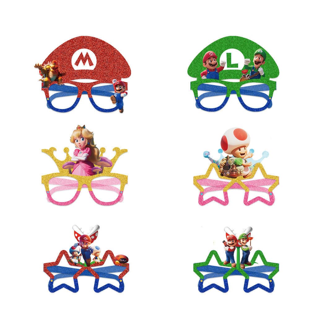 12pcs/Set Mario Bros Acessórios Óculos Yoshi Bowser Wario Toad Anime De Papel Para Festas Infantis Presente