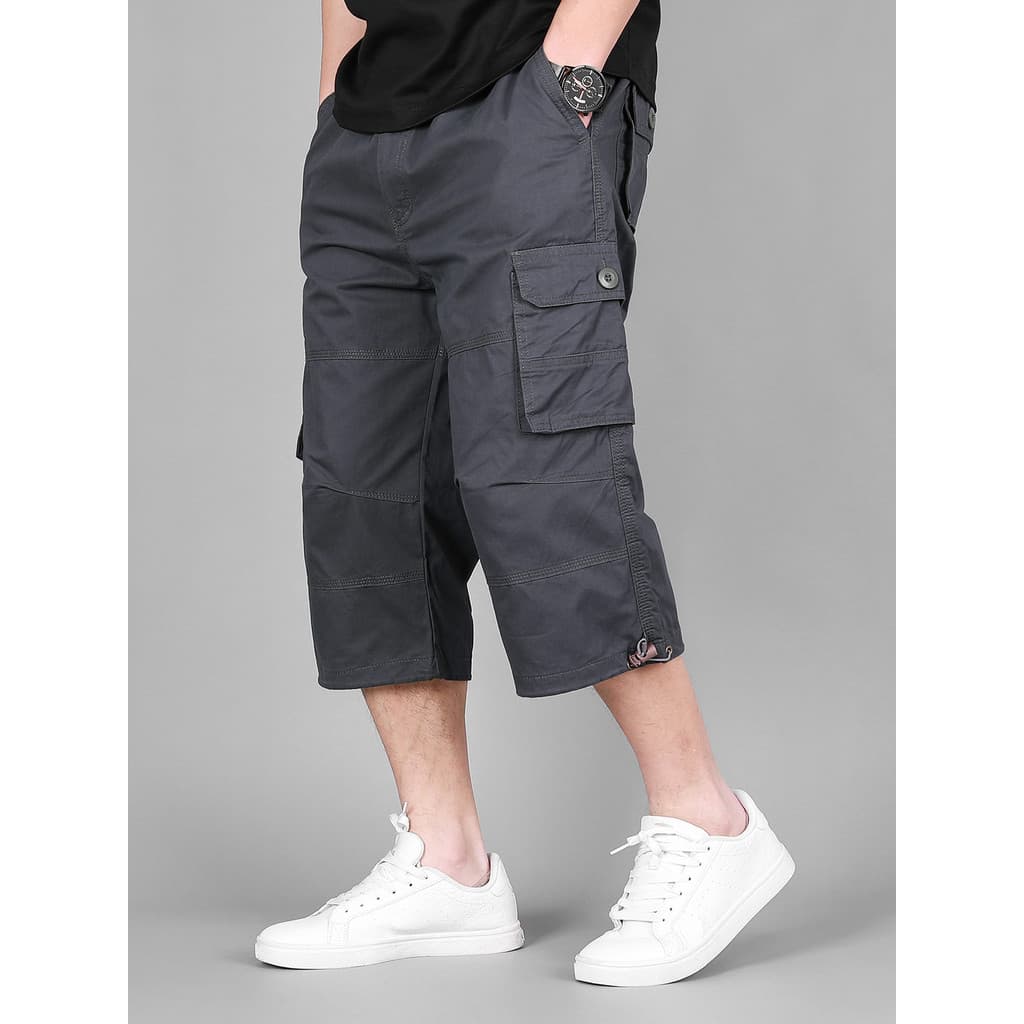 Verão de alta qualidade masculino solto Casual puro algodão calças cortadas Multi-bolso alto algodão puro Shorts diários