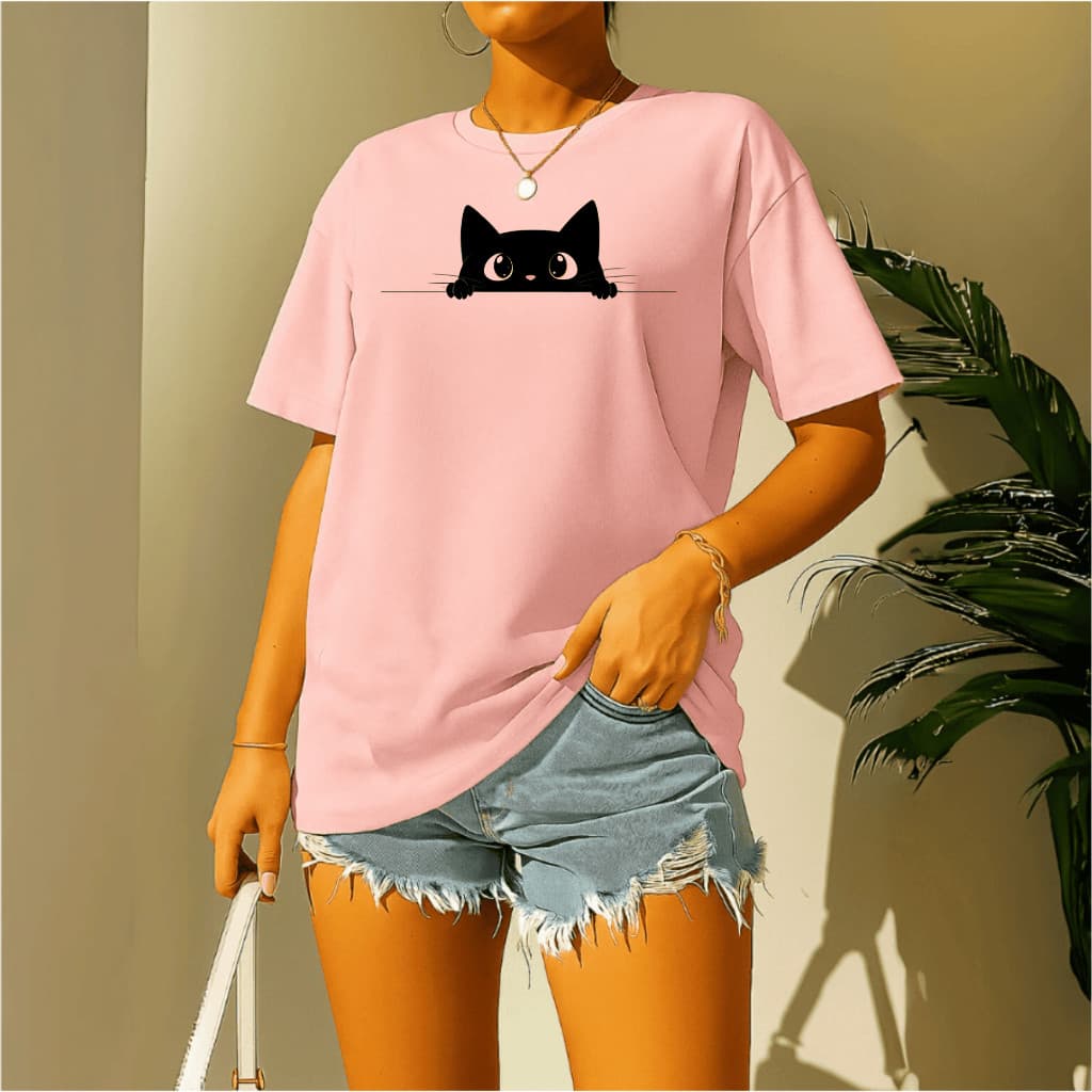 Camiseta T-shirt Casual 100% Algodão Feminina Gym Treino Academia Fitness Musculação Gatinho