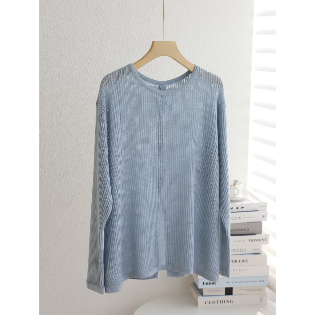 Oco malhas femininas 2026 início da primavera novo estilo Lyocell azul moda blusa solta xale jaqueta topo