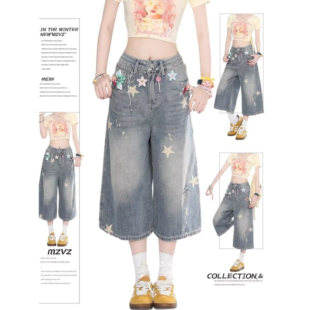 Americano Retro estrela impressão Denim Shorts feminino angustiado solto perna larga Casual calças cortadas