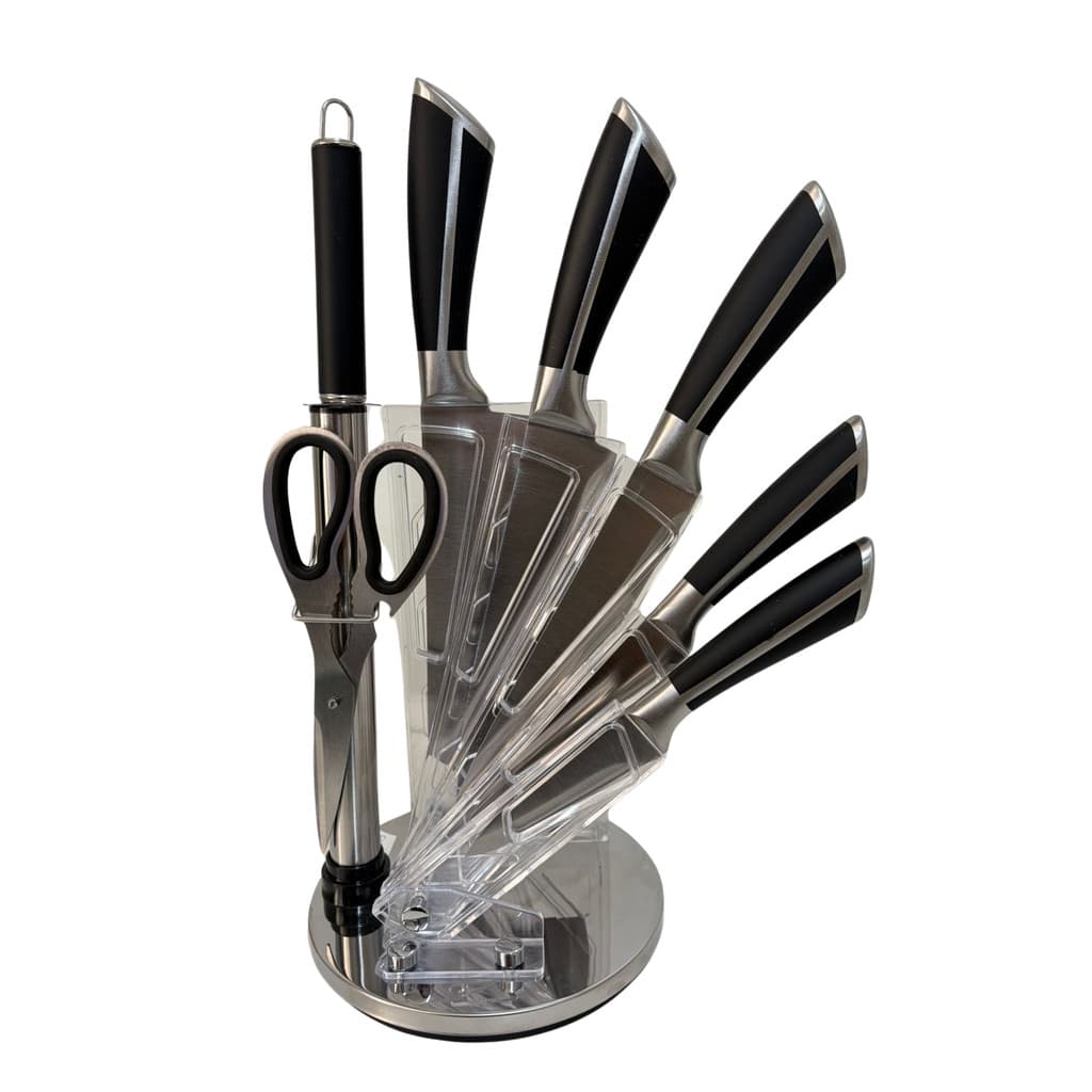 CONJUNTO DE FACAS 8 PEÇAS COM SUPORTE GIRATÓRIO - AÇO INOXIDÁVEL DE ALTA QUALIDADE - PRETO COM PRATA