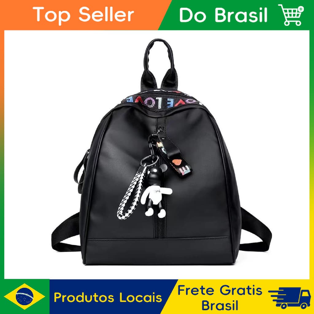 Mochila Pequena Feminina de Nylon comcom Estampa LOVE e Pingente de Urso Multiuso para Uso Diário e Viagem