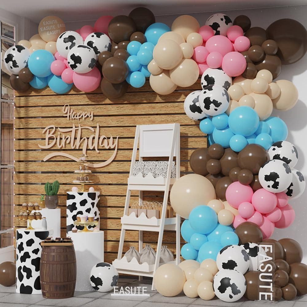 Kit de Arco de Balões com Tema de Vaca, 145 peças, Balões Azuis e Marrons, Balões de Látex com Estampa de Vaca para Aniv