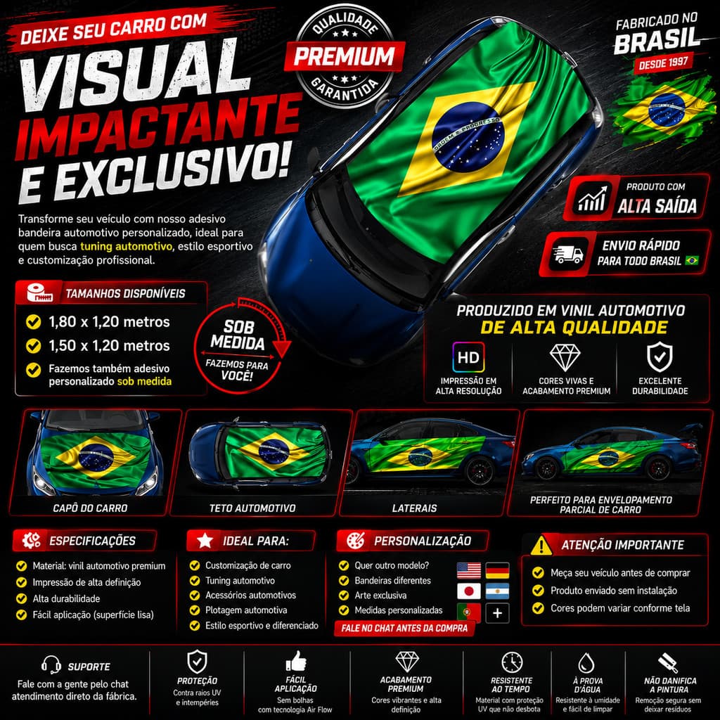 Adesivo Bandeira Automotivo Personalizado p/ Teto e Capo | Alta Resolução - Vários Tamanhos