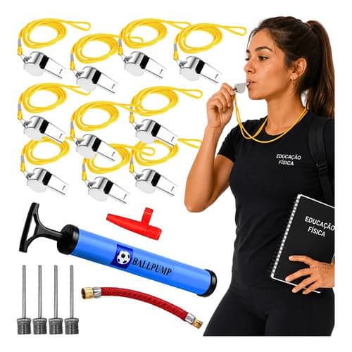 Kit 10 Apitos De Metal Com Cordão Profissional Futebol Professor educação física + bomba ar + bicos