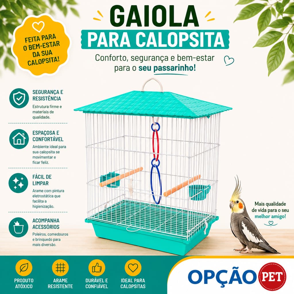 Gaiola para Calopsita + ACESSÓRIO E UM JOGO DE ARGOLAS COLORIDAS mansa teto plástico na cor Verde Tiffany - OPÇÃO PET