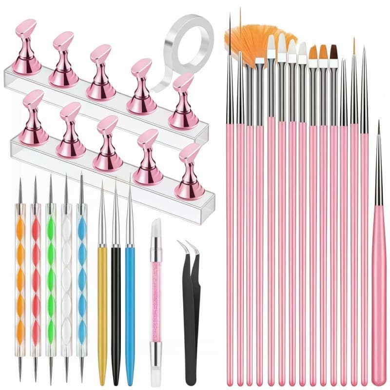 Kit profissional para unhas: Kit Nail Art 15 Pincéis + Suporte Magnético Press-on + Boleadores