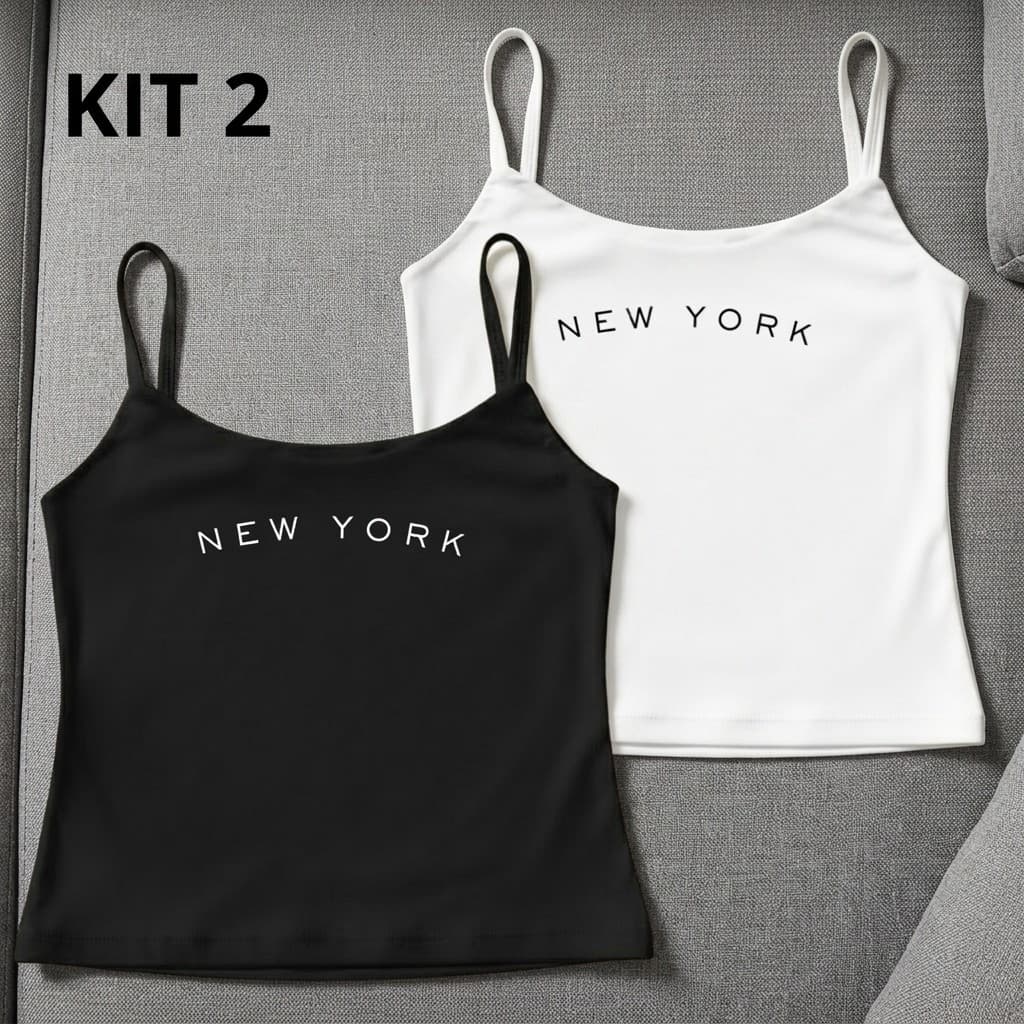Kit 2 Blusa Feminina Regata de Alcinha NEW YORK NY Basic Suplex Forrada Moda Casual Comfy Minimalist