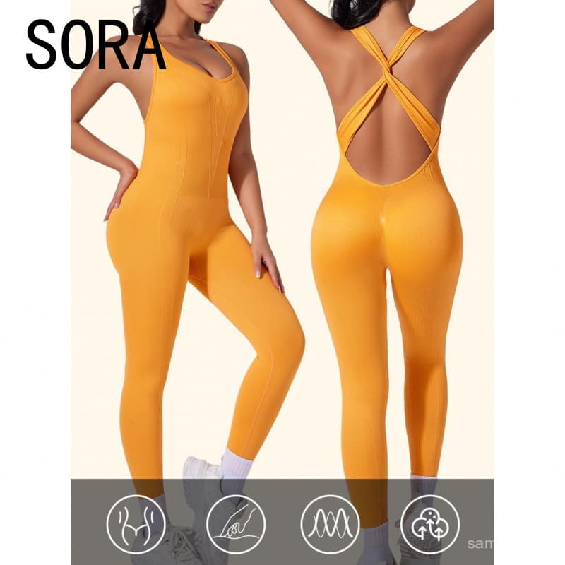 Macacão de yoga feminino com costas cruzadas, decote em V ajustado, efeito levanta-bumbum, roupa de fitness de secagem r