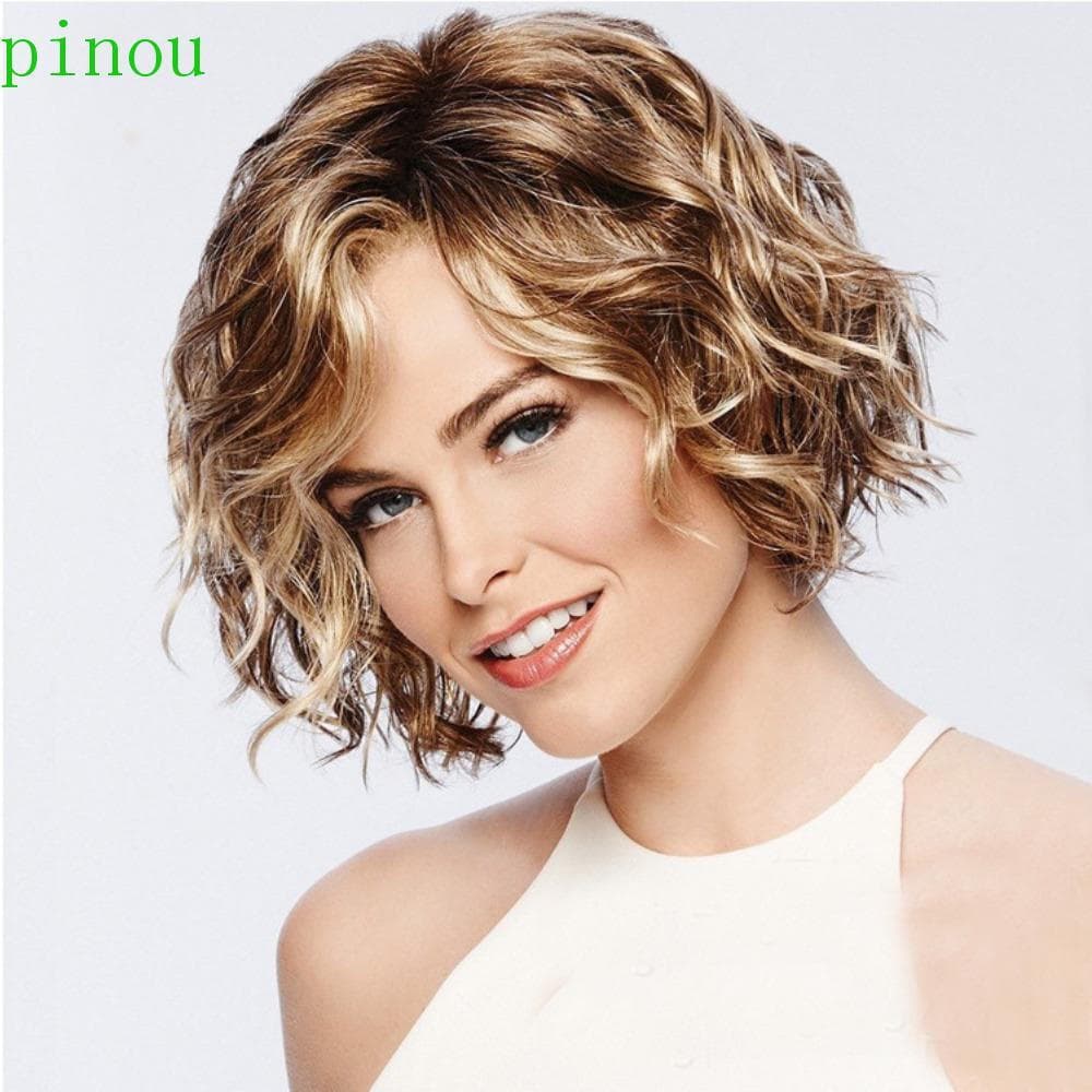 PINOU Curto Encaracolado Perucas Em Camadas Penteado Fibra Resistente Ao Calor Extensão Do Cabelo Franja Feminino Fofo M