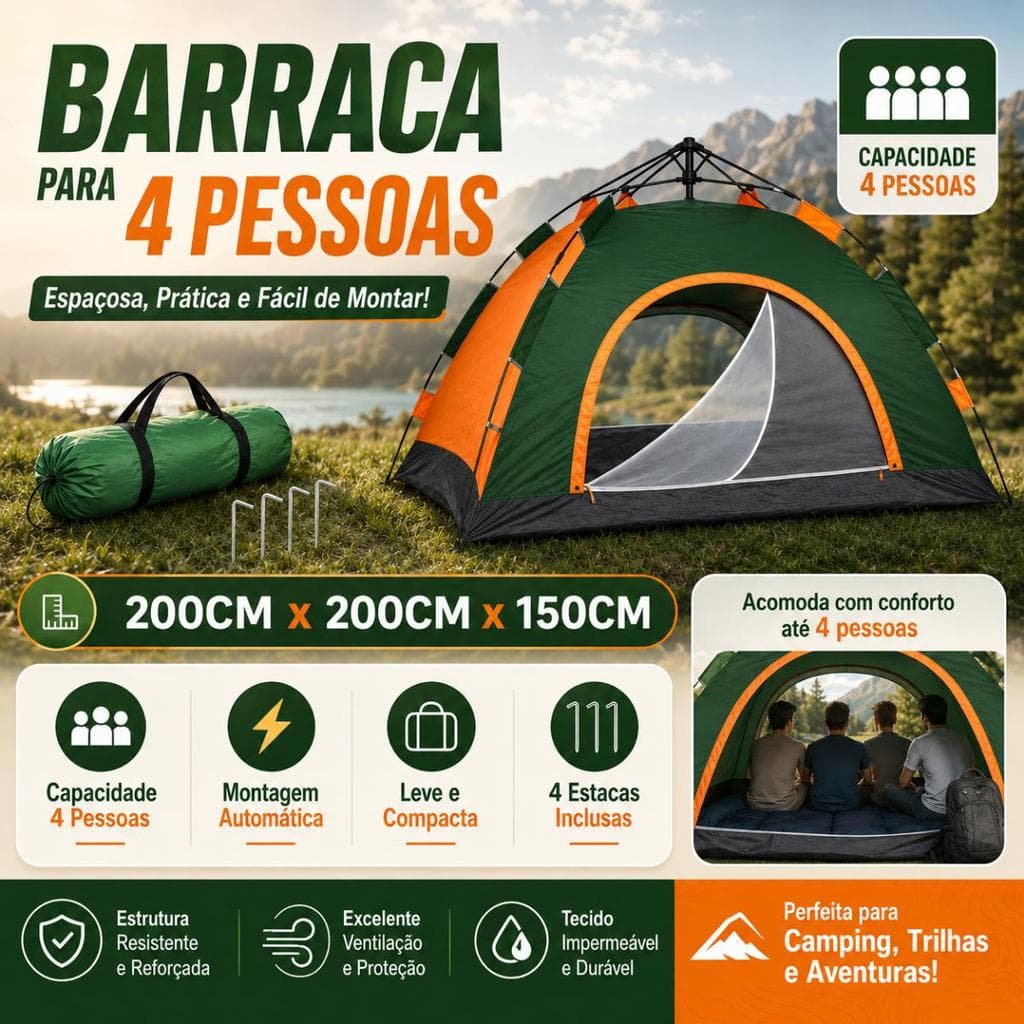 Barraca Automática 4 Pessoas Camping Praia Impermeável UV50 Montagem Rápida