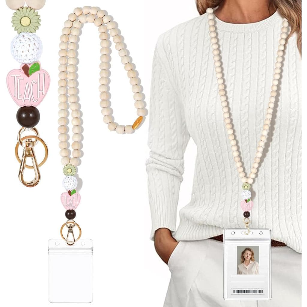 Cordão Retrátil Boho com Porta-Crachá - Cordão de Madeira com Contas para Chaveiro - Presente Personalizado para Mulhere