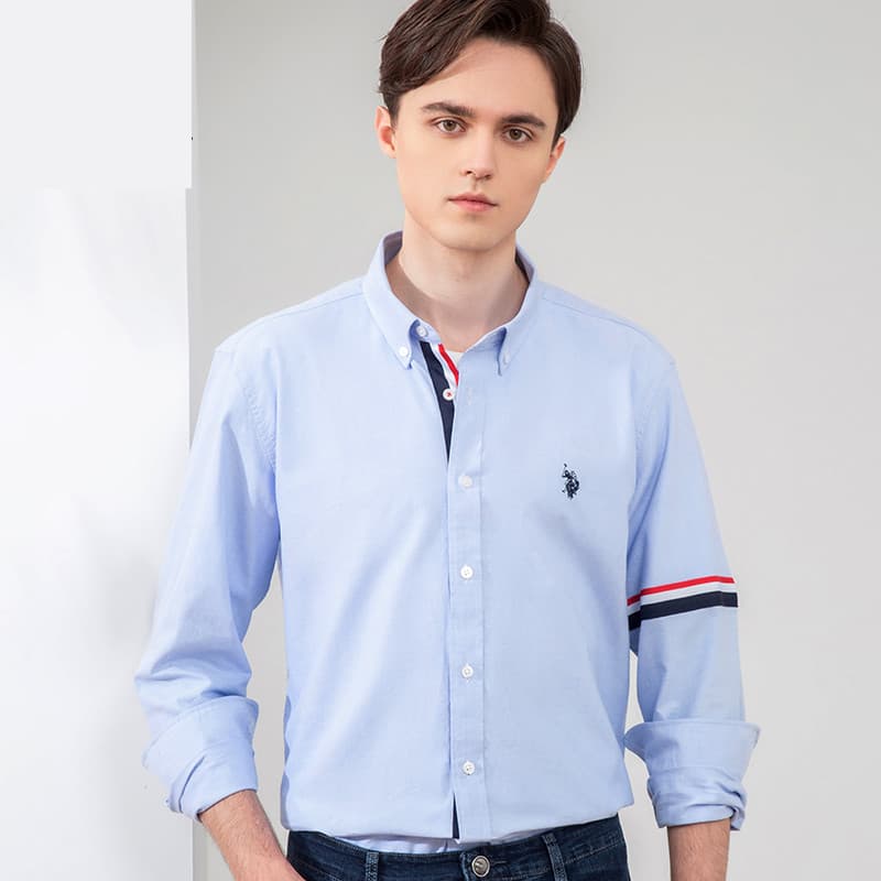 Uspoloassn Camisa masculina de outono de manga comprida de algodão puro com Design interno Camisa com bloqueio de cores