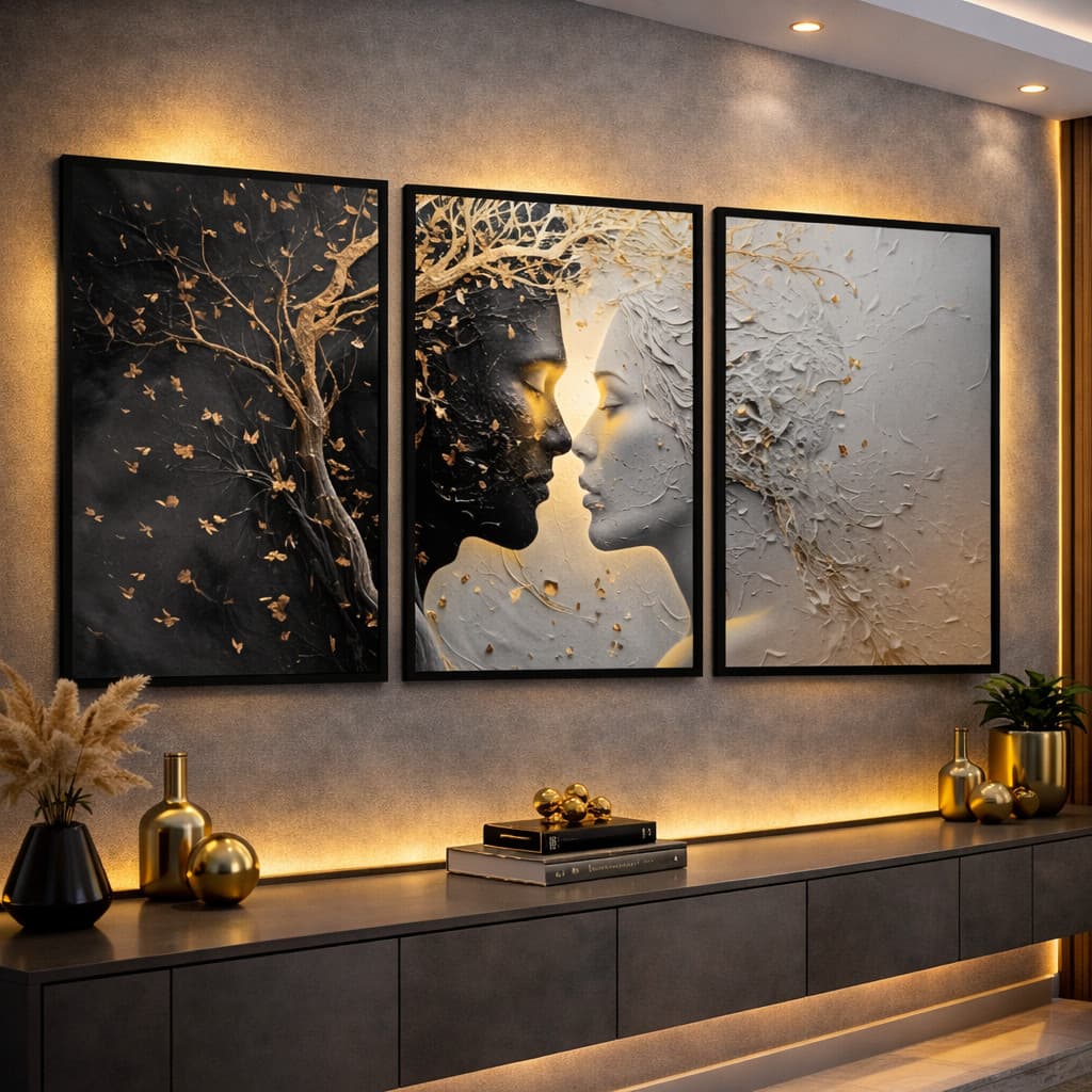 Quadros Decorativos Trio Casal Romântico Preto e Branco Dourado Moderno
