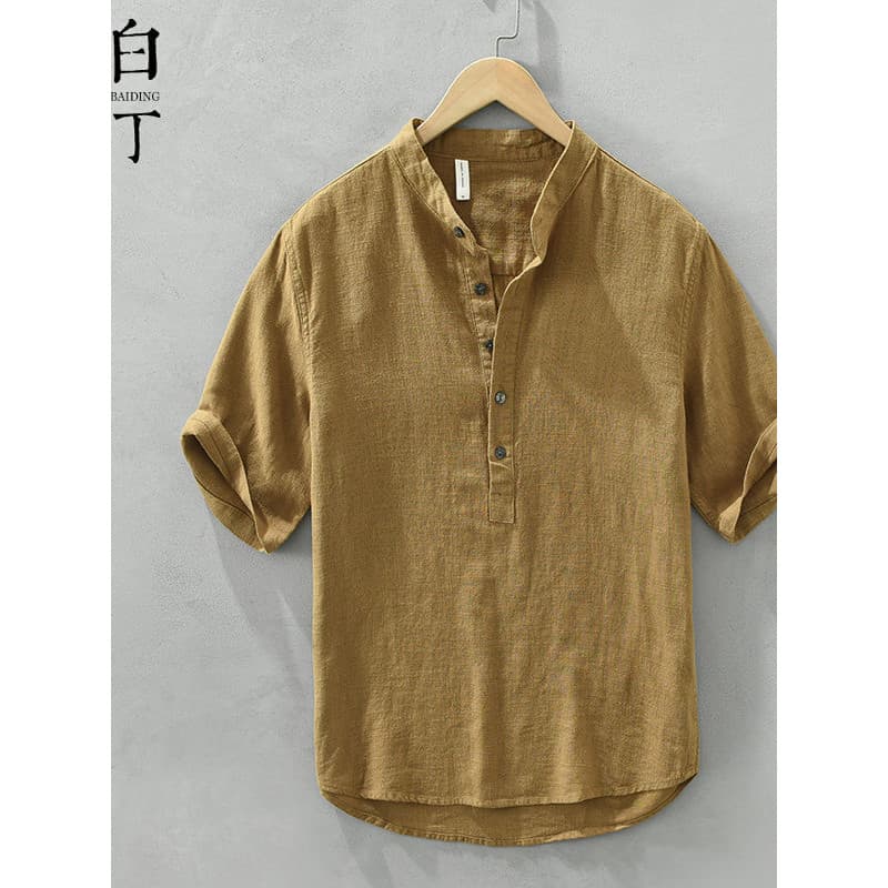 Verão novo estilo estilo chinês gola alta linho de manga curta camiseta masculina Retro angustiado Casual algodão linho