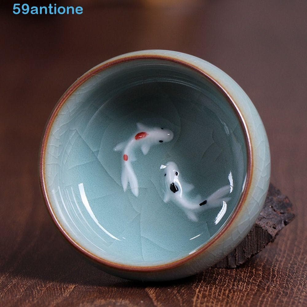 Xícaras De Porcelana ANTIONE Golden Fish Celadon , Tigela De Chá Kungfu Crackle Longquan , Xícara Chinesa De 60ml