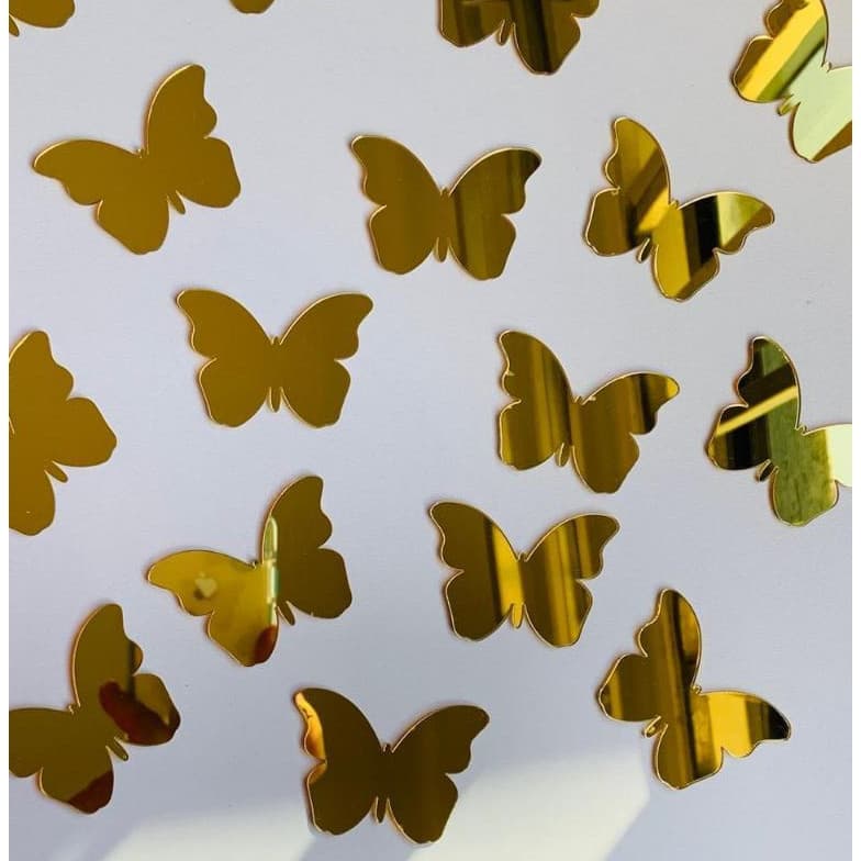 20 Borboletas Decorativas Douradas Espelhadas 6cm Luxo