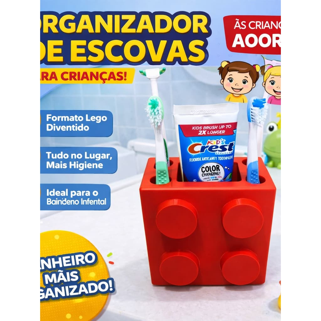 Organizador de Escovas Infantil Estilo Bloco Lego Porta Escova + Pasta Banheiro Criança Divertido Colorido