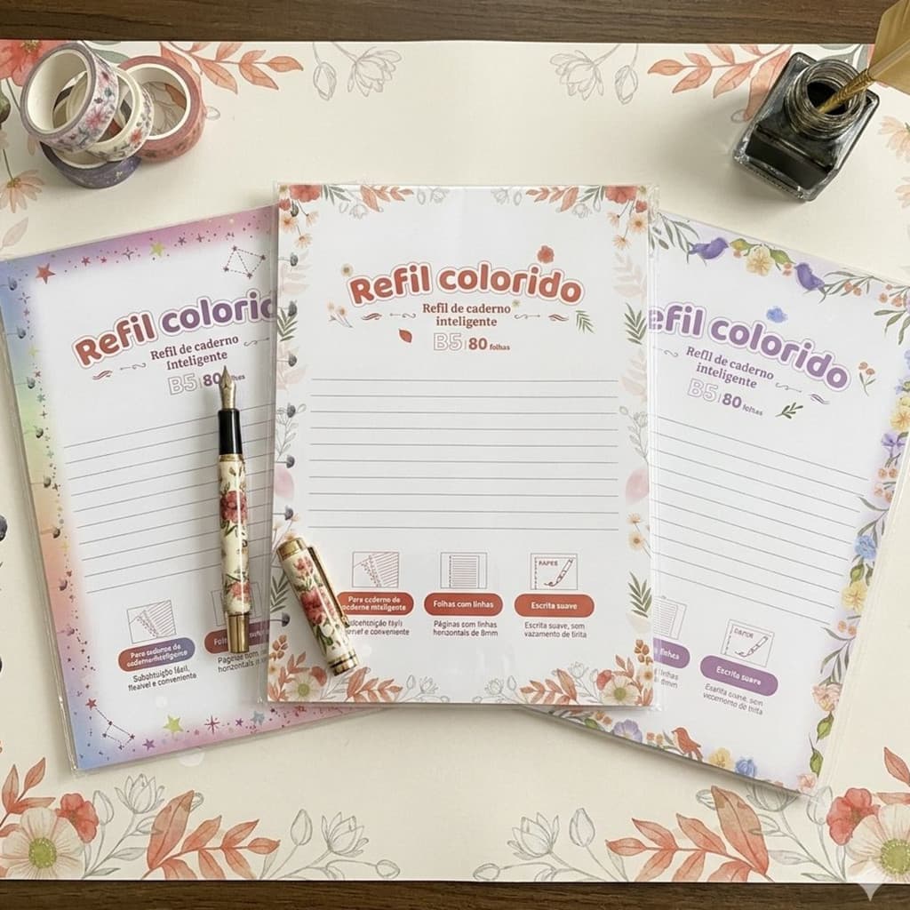 Refil Decorado 80 Folhas Pautadas Floral e Estrelas para Caderno de Discos A4 B5 Criativo