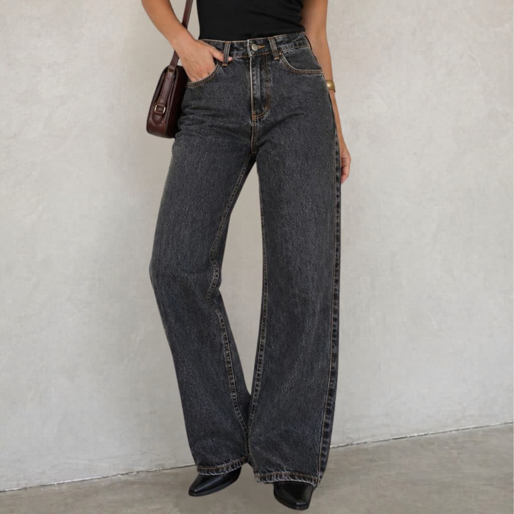 Calça Feminina Wide Leg Jeans Premium Black Cintura Alta Afina Cintura Casual Preto