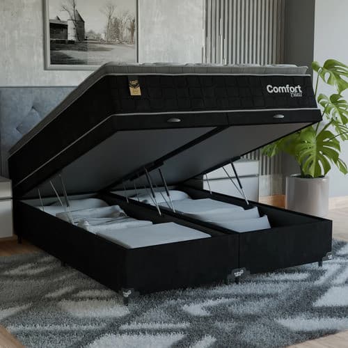 Cama Box Baú Queen + Colchão Comfort Class Pillow Top  Preto/suede Preto