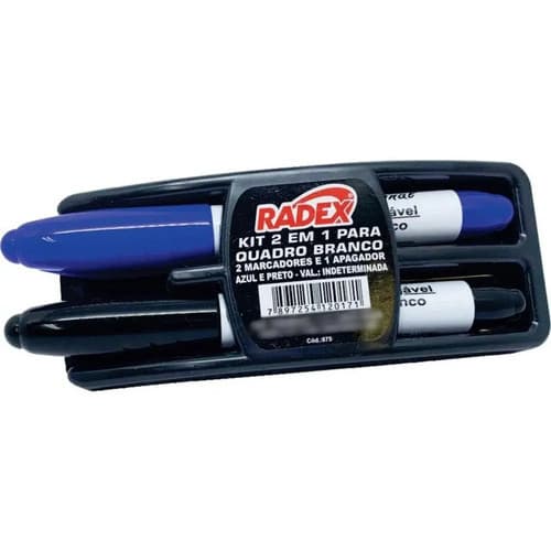 Kit 2 Em 1 Apagador Para Quadro Branco + 2 Marcadores Preto E Azul Radex