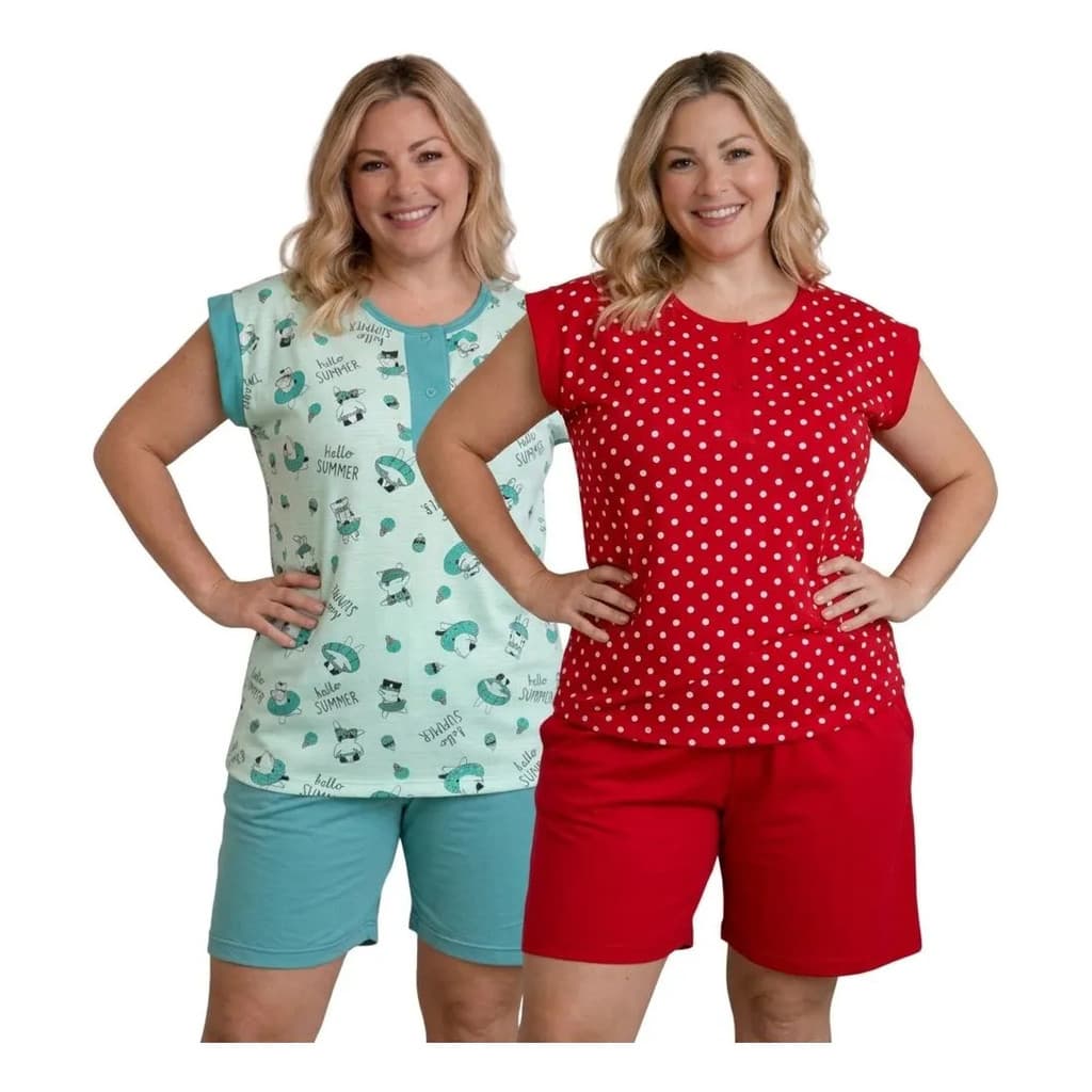 Kit 2 Pijama Feminino Bermuda Confortável De Malha Senhora
