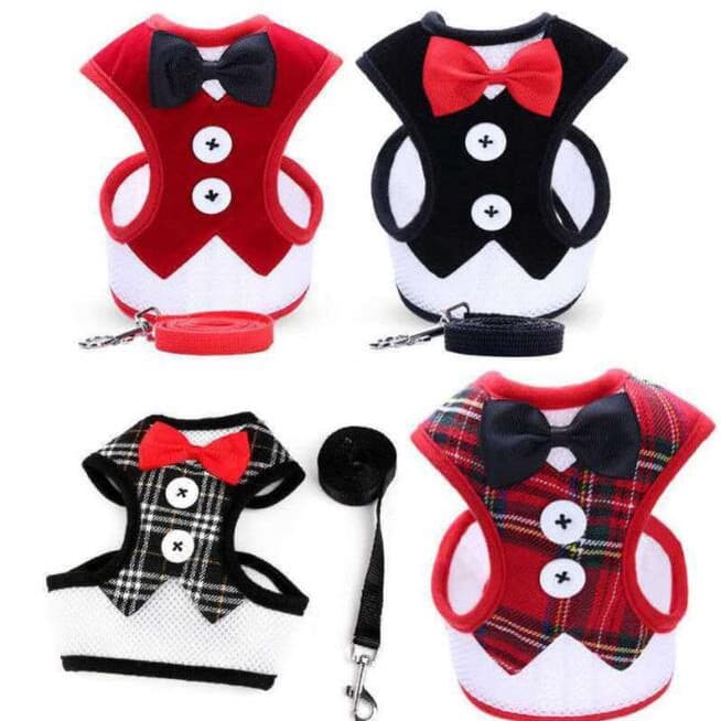 Elegant Bow Tie Dog Vest With Adjustable Cat Leash Sling Set Cute Bow Tuxedo Suit For Pets Cats And Dogs.