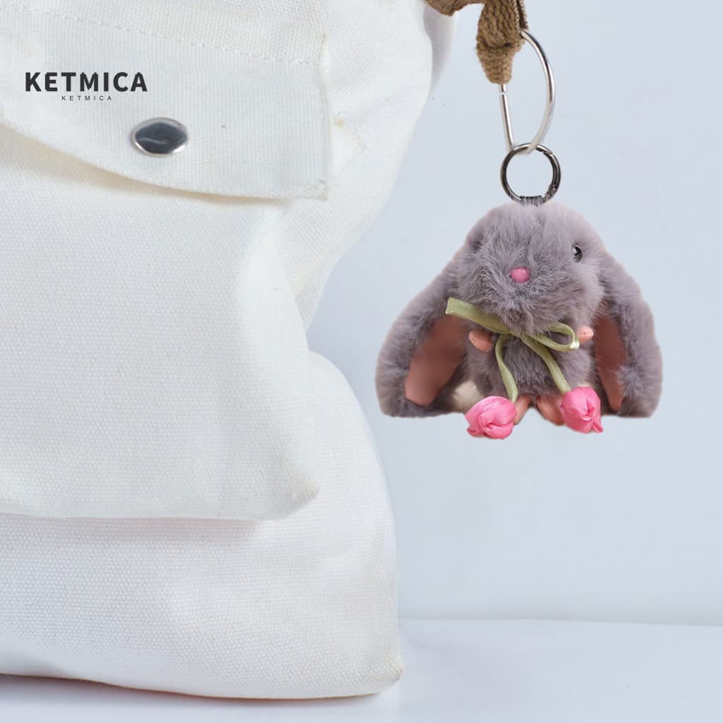 Soft Color Doll Charm Portable Key Ring Tulip Lop-eared Rabbit Plush Keychain Cute Bunny Bag with Ribbon Bow Flower Deco