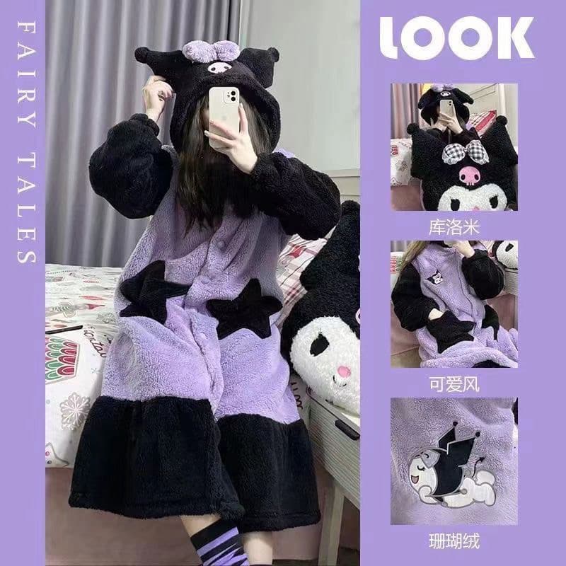 Pijama Kuromi para Mulheres, Outono e Inverno, Forro de Lã Espesso, Camisola de Comprimento Médio para Estudantes KMJG