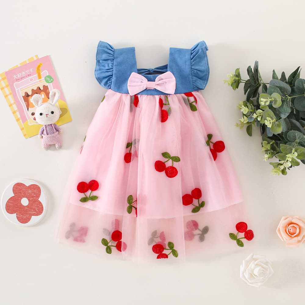 Macacão de ganga coreano com design de flor de cerejeira, vestido de cerejeira para meninas.
