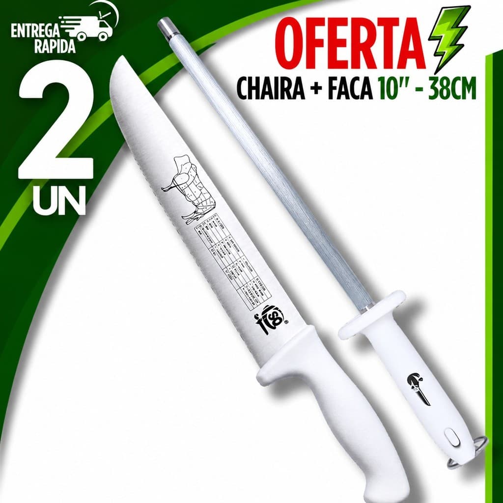 COMBO 2 PEÇAS FACA PROFISSIONAL 10" + CHAIRA 10" AFIADOR AMOLADOR AÇO INOX COZINHA AÇOUGUEIRO PREMIUM ALTA DURABILIDADE