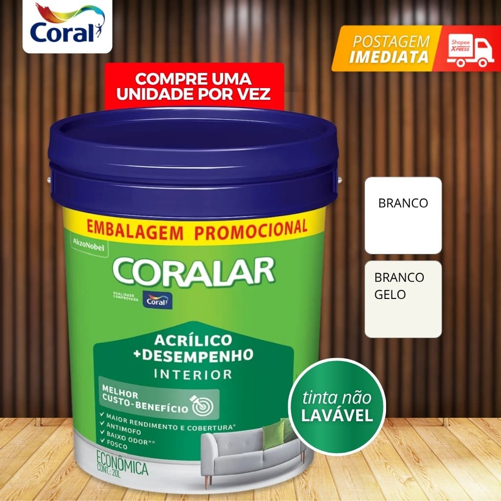 Balde Tinta Acrílica Parede Interna Coralar Branco Fosco 20 Litros - Coral
