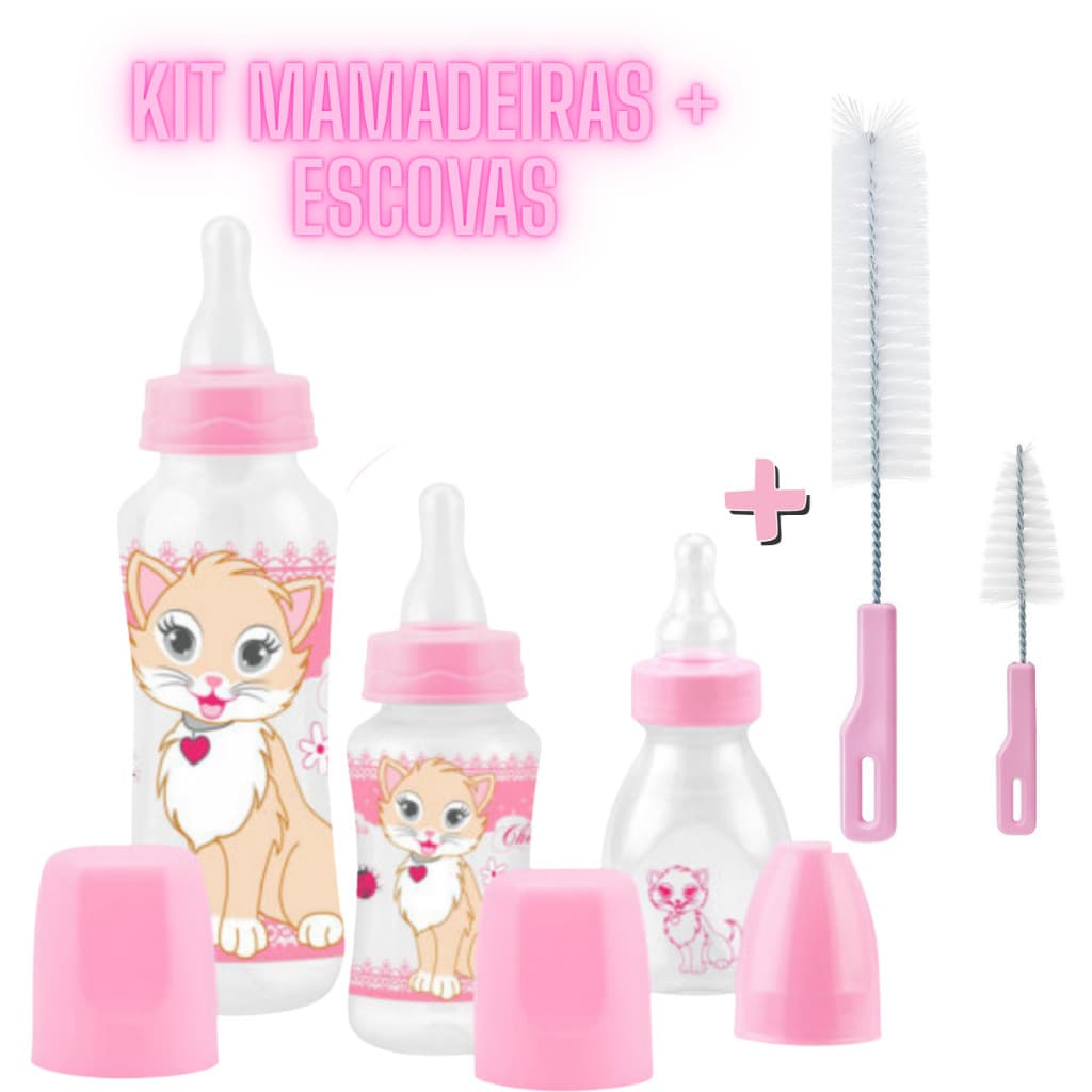 Kit 3 Mamadeiras Bico de Silicone + Escovas para Mamadeiras Premium