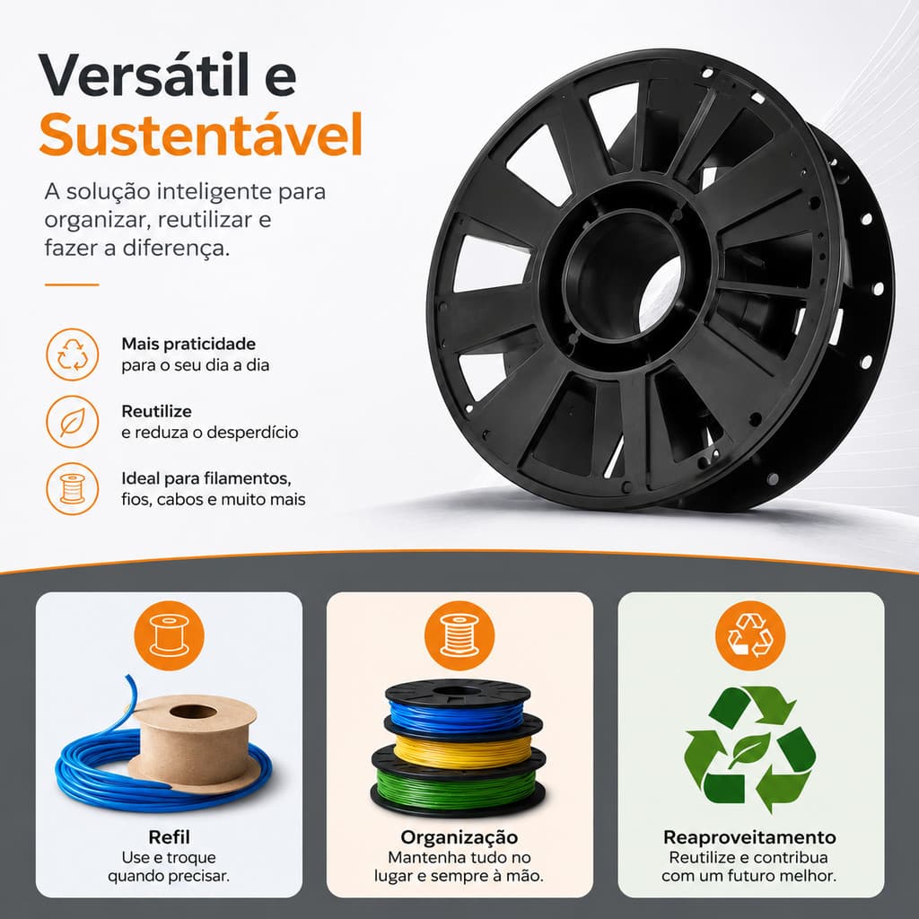 kit 3 carretel Vazio Filamento Resistente Organizador de Fios e Cabos