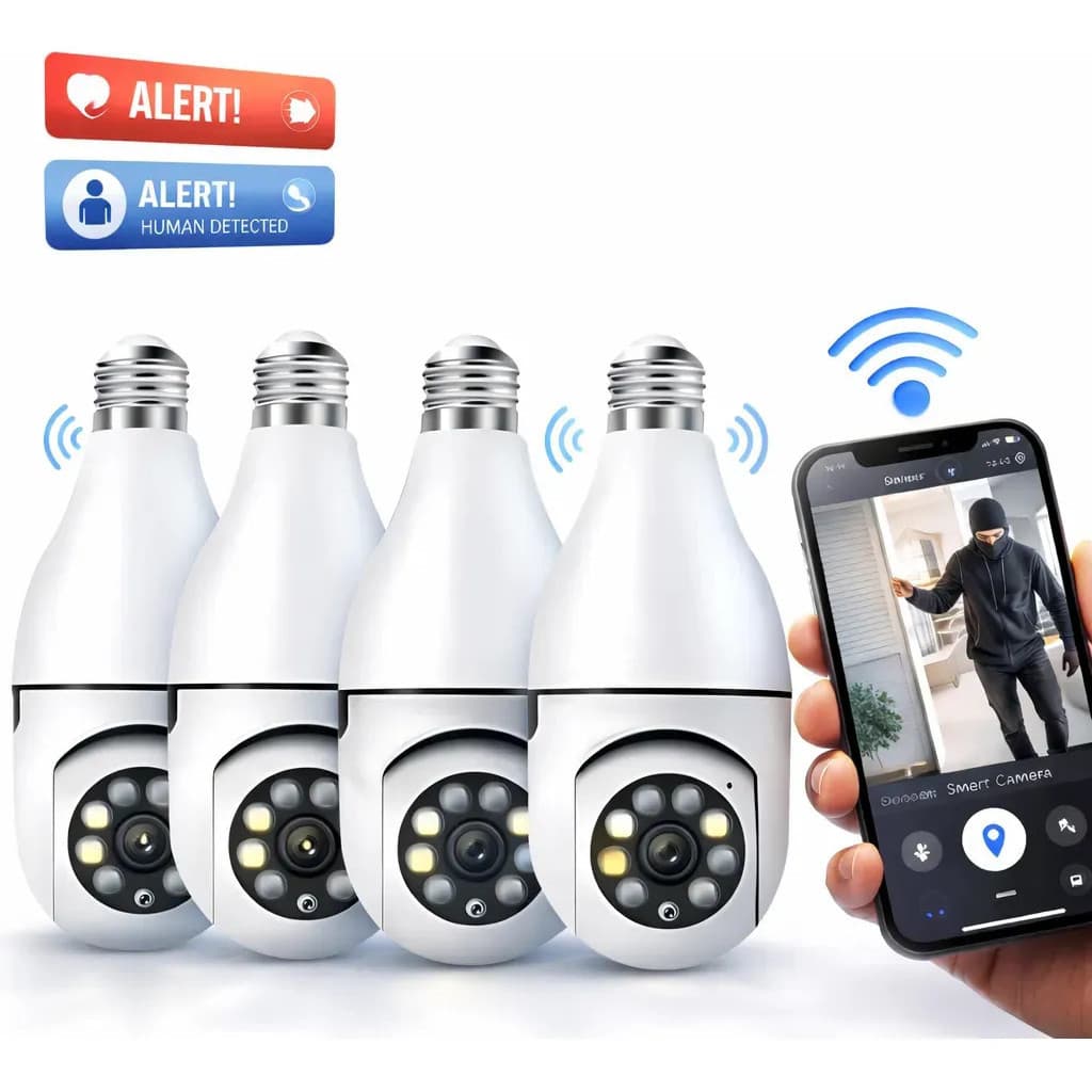 Kit 4 Câmeras Lâmpada Wi-Fi 360° Visão Noturna HD 1080p Áudio Bidirecional IP44 Bivolt com Aplicativo