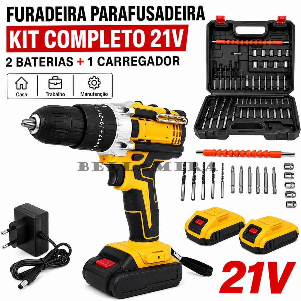 220V Kit de Furadeira Multifuncional 21V Furadeira de Impacto Recarregável para Uso Doméstico com 2 Baterias Incluídas