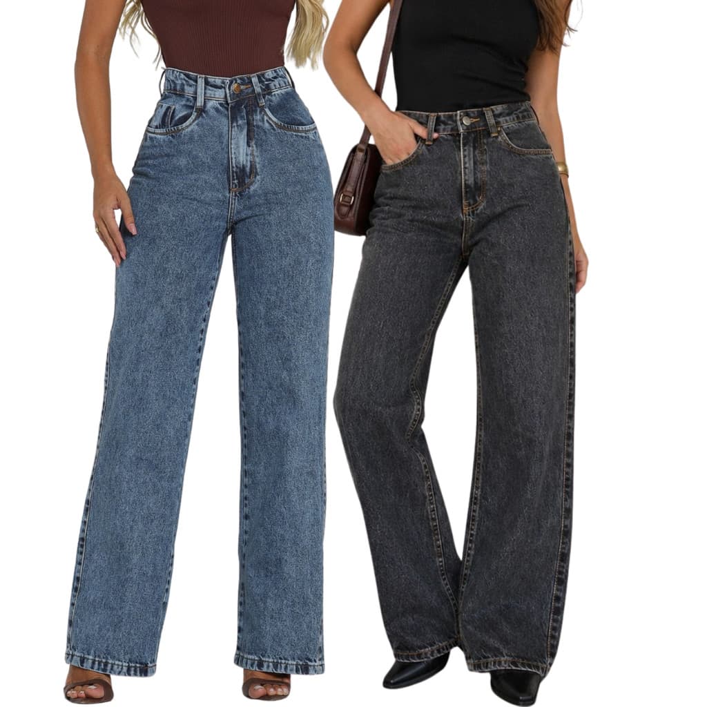 KIT 2 Calça Feminina Larga Wide Leg Jeans Premium Cintura Alta Cintura Alta Versátil