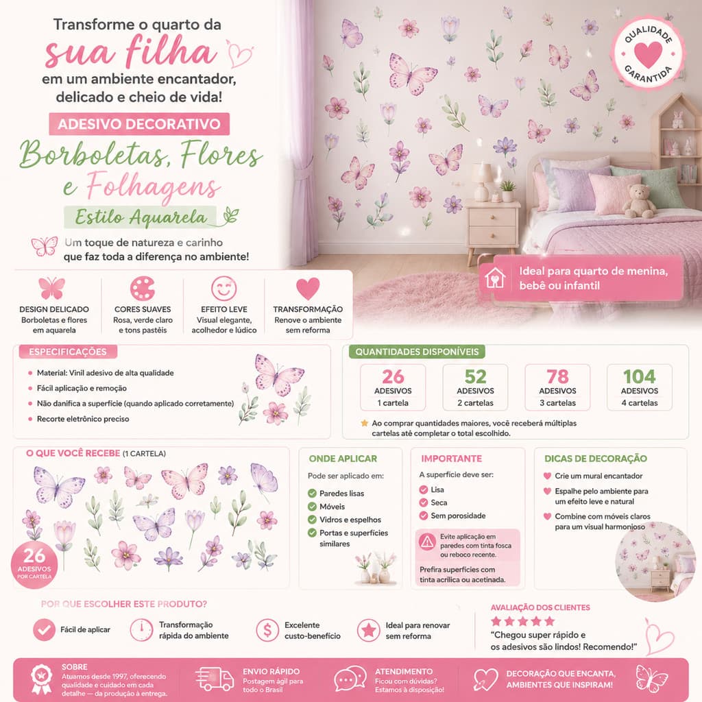 Adesivo de Parede Borboletas Flores Infantil Feminino Decoração Quarto Menina Vinil Fácil Aplicação