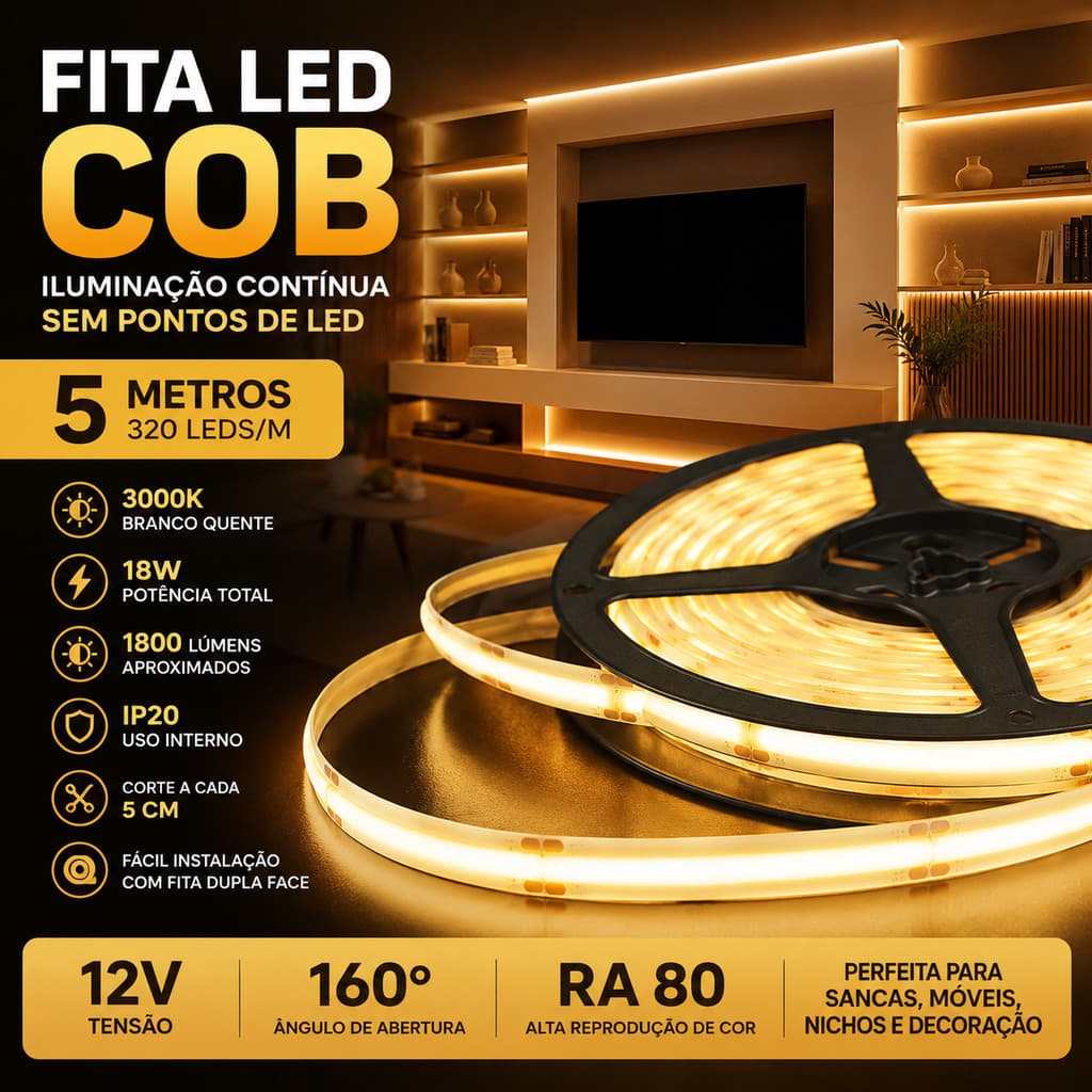 FITA LED COB 5M 320 LEDS 12V BRANCO QUENTE 3000K ALTA LUMINOSIDADE IP20 PARA SANCA, MÓVEIS, DECORAÇÃO E MAIS