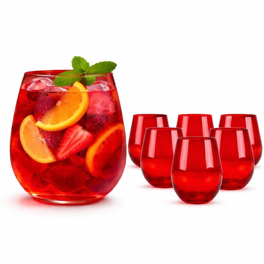 Copos Vermelho Vidro 625Ml Kit 6 Redondo Grande Jogo Tacas Alta Diamond Suco Agua Drink Casa Restaurante Bar Jantar Luxo